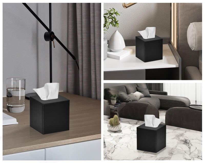 GOLRANLYE Tissue Box Cover Square PU Leather Facial Tissue Box Holder for Dresser Bathroom Decor (Black) - Image 3